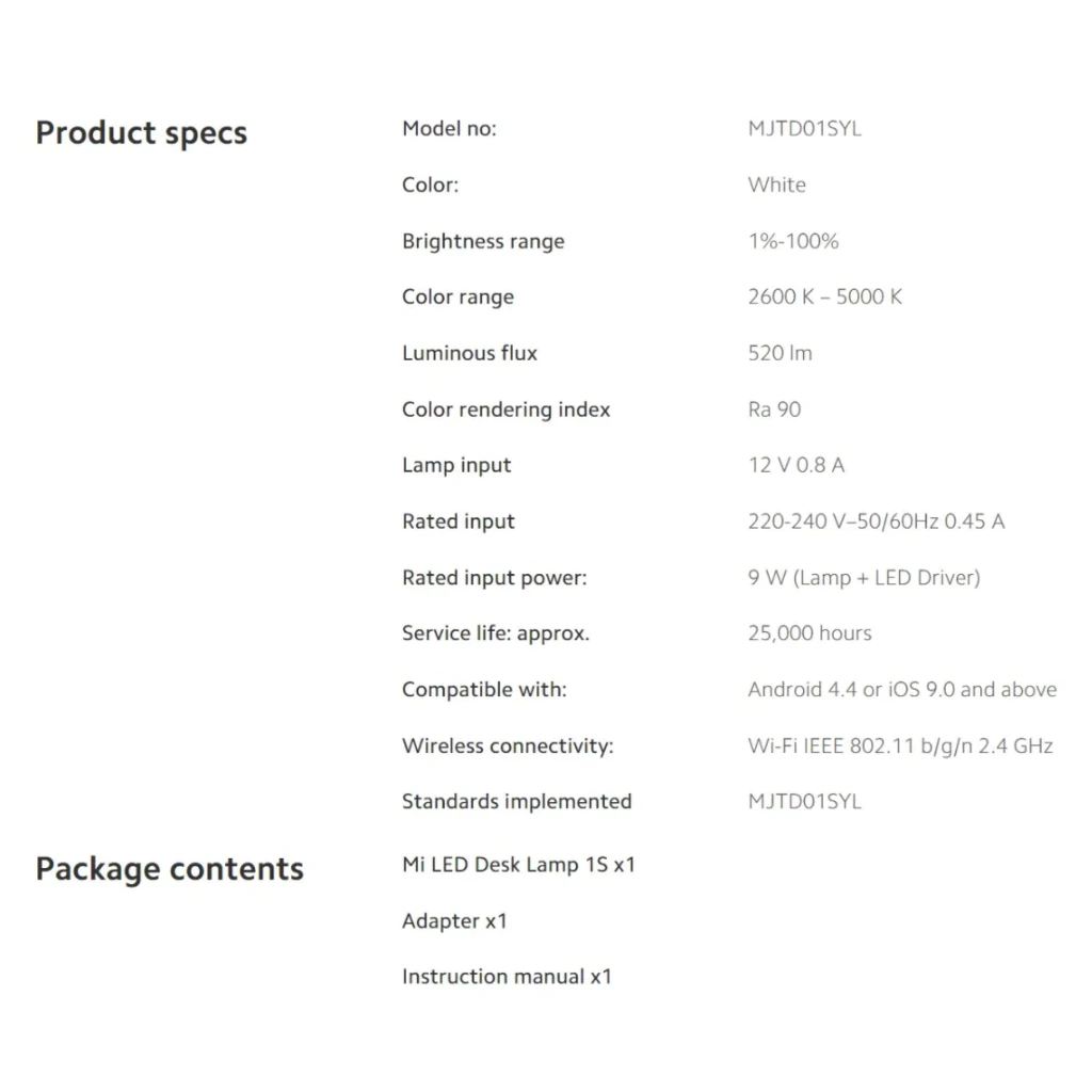 Đèn bàn Xiaomi Desk Lamp 1S thông số kỹ thuật