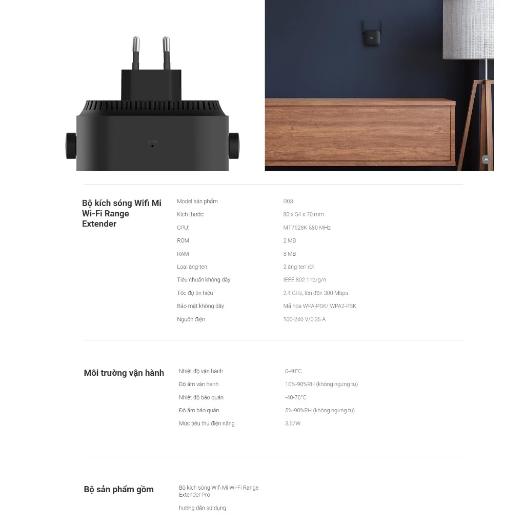 Bộ kích sóng Wifi Xiaomi Mi Wifi Range Extender Pro thông số kỹ thuật